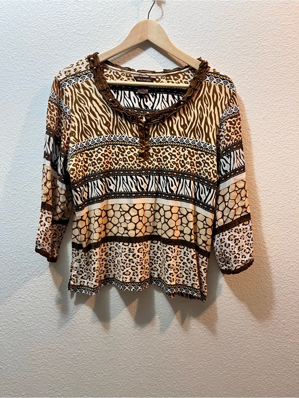 Multiples Multitone Animal Print Peasant Blouse